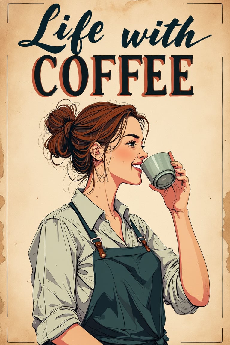 commercial poster, a young female barista, drinking a cup of coffee, happy smile, bilss vibes, beautiful typography of  "Life with Coffee", stylized, intricate, detailed, artistic, text-based, paper texture, printed on paper,