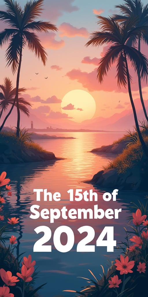 Generate a beautiful relaxing scenery featuring "The 15th of September 2024" and adding bold beatiful typography of "The 15th of September 2024",