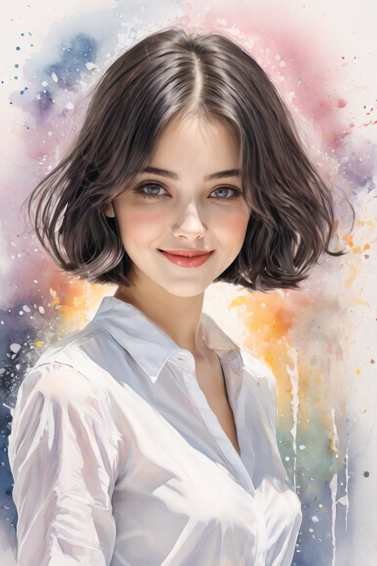 ek_art_b00ster, a pencil sketch of beautiful student model in pastel art blended with alcohol ink style, dark bob hair, kind smile, a mesmerizing beautiful face, pearl white elegant shirts, unreal engine rendering, masterpiece, best quality