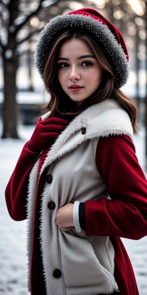 (best quality, masterpiece, ultra detailed, highres, RAW image),
a beautiful young woman in winter clothes playing in the snow, eye contact, with long flowing hair, Christmas, a cardinal-bird, winterscape, scenary, ❄️,  🎄,  🎁, 
From below, cinematic, ultrarealistic, hyperdetailed, bokeh, depth of field,