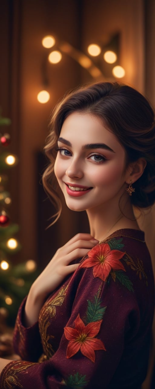 (best quality, masterpiece, ultra detailed, highres, RAW image),
a beautiful young model, cozy pose, lilies, perfect facial features, perfect eyes, pov_eye_contact , laughing, lipgloss, dark skin, in vintage turkish  clothes, perfect proportions, christmas vibes, christmas tree, prestigeous, dignified, romantic, fantasy, romanticism, vibrant colors, bold color tone,detailmaster2,colorful,,,,<lora:659095807385103906:1.0>