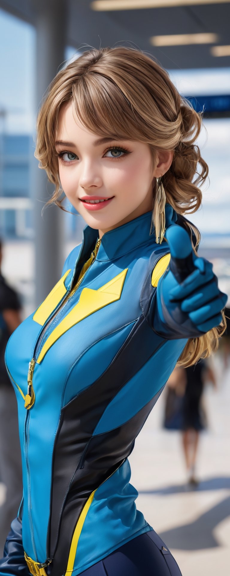 (best quality, masterpiece, ultra detailed, 8K, RAW photo), highres, 
a beautiful student model, solo, azure/yellow airpilot gear, cutout, azure clear eyes, eye contact,  dark blonde shaggy hair, flowy long hair, kind smile, glossy lips,  gloves, navel, dynamic pose, left hand behind the head, come-hither, bliss, airport background, strong shadow, hyperrealistic, visually detailed design, hyperrealistic digital photograph, 
vibrant colors, colorful, 