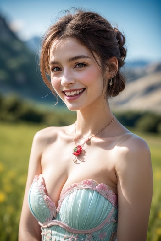 ((best quality)),1 girl, close up, photorealistic, 20s, colorful,  colorful tone,  (black+blue+pink color:1.2),  sheer expressive strapless bustier on the edge of the cliff, outdoors, (field of red roses), innocent look, provocative, clavicle, bare shoulders, model, grin, greasy lips,  looking at viewer, beam of light, perfect eyes, beautiful eyes, long hair, chignon, soft pale skin, flower patterned white dress, intricate dress, jewelry, necklace, deep neckline, mountains in the background, depth_of_field  ,yuzu