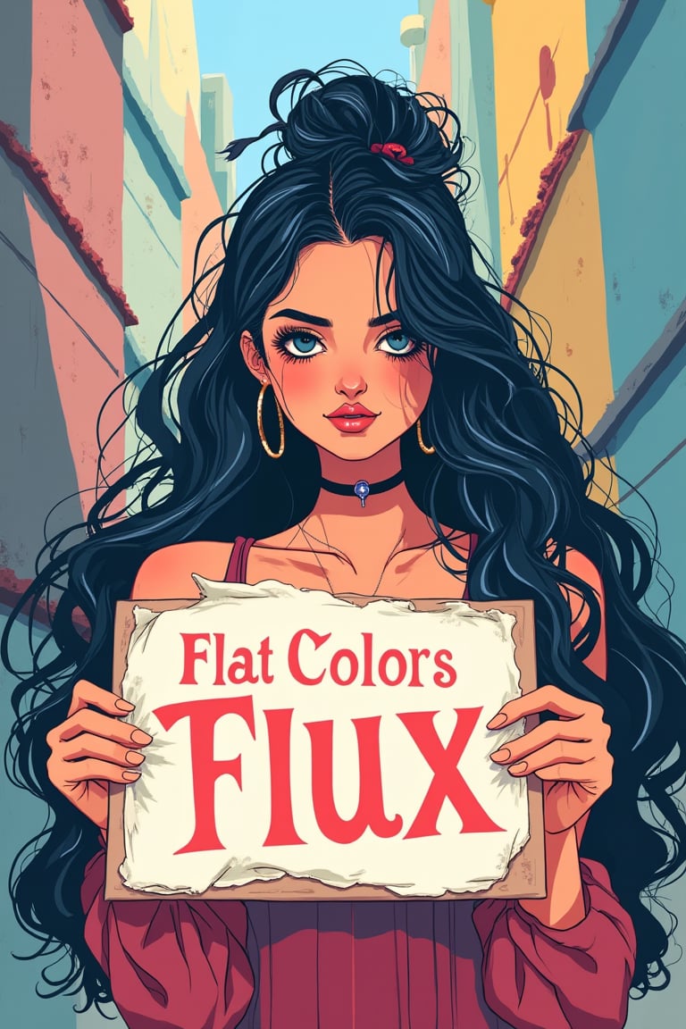 a chest up flat illustration portrait of a beautiful student model in expresssive intricate dress, long black hair with blue streak hair, chignon, choker, lively pose, holding a sign, perfect text ("Flat Colors Flux"), casual street background, ncg, in only four colors,