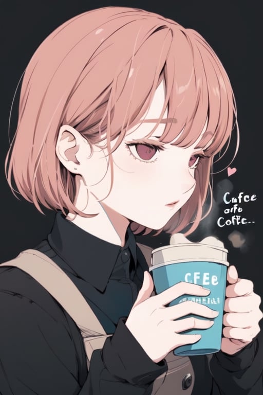 ((best quality)), a close up flat lineart portrait of a young female barista, making a cup of coffee in cafe, short bobcut, text of 'Like a NCG', purple background, a ncg, in only four colors, 