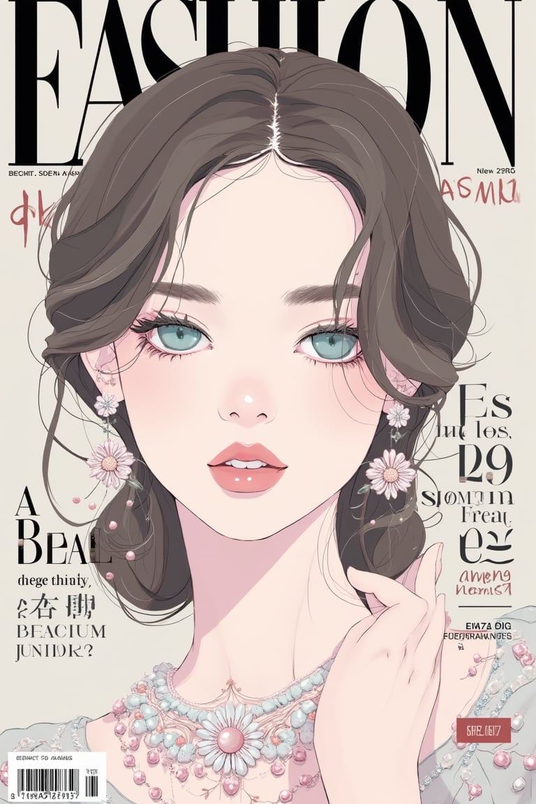 (best quality, masterpiece, ultra-detailed, flat colors, 8K, magazine cover design), a flat color illustration of a stunning young woman with striking azure eyes featured on the front cover of the "September 2024" fashion magazine. Adding bold beatiful typography of "16 September 2024", text, diagrams, advertisements, magazine title, barcode. Her delicate makeup enhances her natural beauty, with soft highlights on her full lips. Her hair is elegantly styled in soft curls, adorned with small, lustrous pearls, contributing to her graceful and refined look. 

She is wearing an exquisite, intricately designed dress with delicate floral embroidery, adorned with pearls and gemstones in soft shades of pink and silver. The flat color palette emphasizes clean lines and smooth shading, adding to the modern, elegant aesthetic of the cover. The overall composition is balanced, with the focus on the woman's striking features and ornate attire, giving the magazine a luxurious and sophisticated visual appeal.