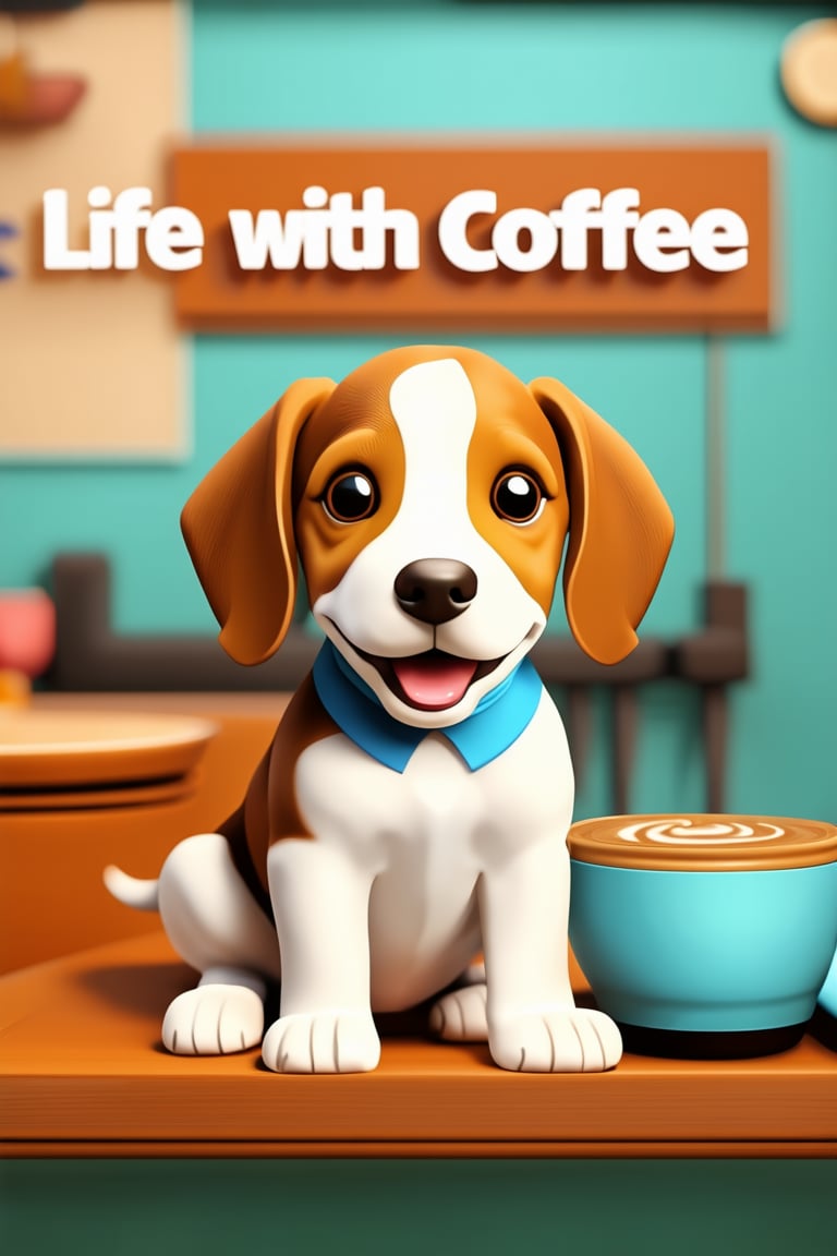 a beagle puppy sitting in a modern cafe,kind smile, eye contact, beautiful bold typograhy of text: 'Life with Coffee', a cup of coffee, cafe background, sculpture, clay art, centered composition, Claymation,3D cartoon,3D render,cartoon style