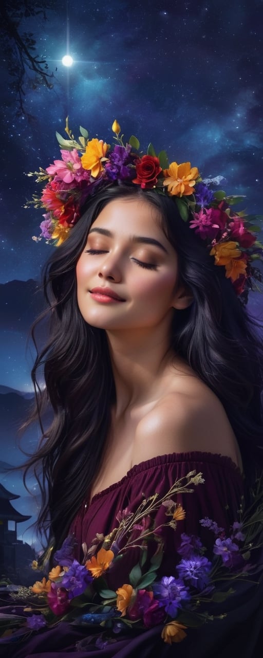 (masterpiece, best quality, ultra-detailed, 8K),high detail, realisitc detailed,
a beautiful young woman with long flowy black hair over off shoulders in the dark, wreath, brown eyes, gently closed eyes, pale soft skin, kind smile, glossy lips, details of colorful flowers,
a serene and contemplative mood, dark night sky background