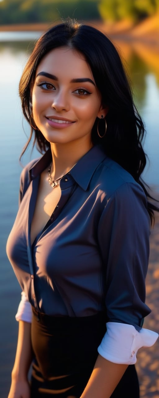 (beautiful and aesthetic:1.4), create a minimalist image of a beautiful young woman, 23yo, brown eyes,eye contact, glowing black hair, kind smile, bliss vibes, realistic detalied dress shirt, expressive outfits, necklace, earrings,chokcer, goth style,colorful, vibrant colors, well lit river bank background,