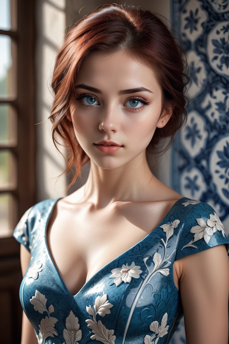 a beautiful young woman,  eye contact,  dark brown eyes,  dark red hair, (detailed eyes,  eyeliner), BREAK realistic brocade turquose blue dress with an botanical pattern,  BREAK dynamic pose,
 (sunlight beaming through holes in the roof:1.5), (intricate porcelain backgrounds, washed polished surfaces, blue/white porcelain textures:1.25),  silhouette,  deep shadows, (harmonious composition),
photorealistic,  upper body portrait,  depth of field, (masterpiece,  realistic:1.3),  (extremely intricate:1.2),  (photorealistic:1.4),  (extremely delicate),  (ultra realistic:1.3)