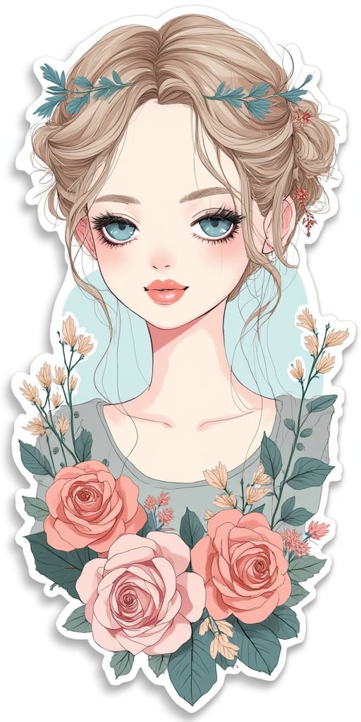 Generate a sticker design featuring a waist high portrait, blue eyes , peach lips , blonde hair, black eyeliner, prom hair style, wreath, necktop , roses, seashell, sea waves, print, perfect line work, collage-based, fashion illustrations, natural tones color palette, 