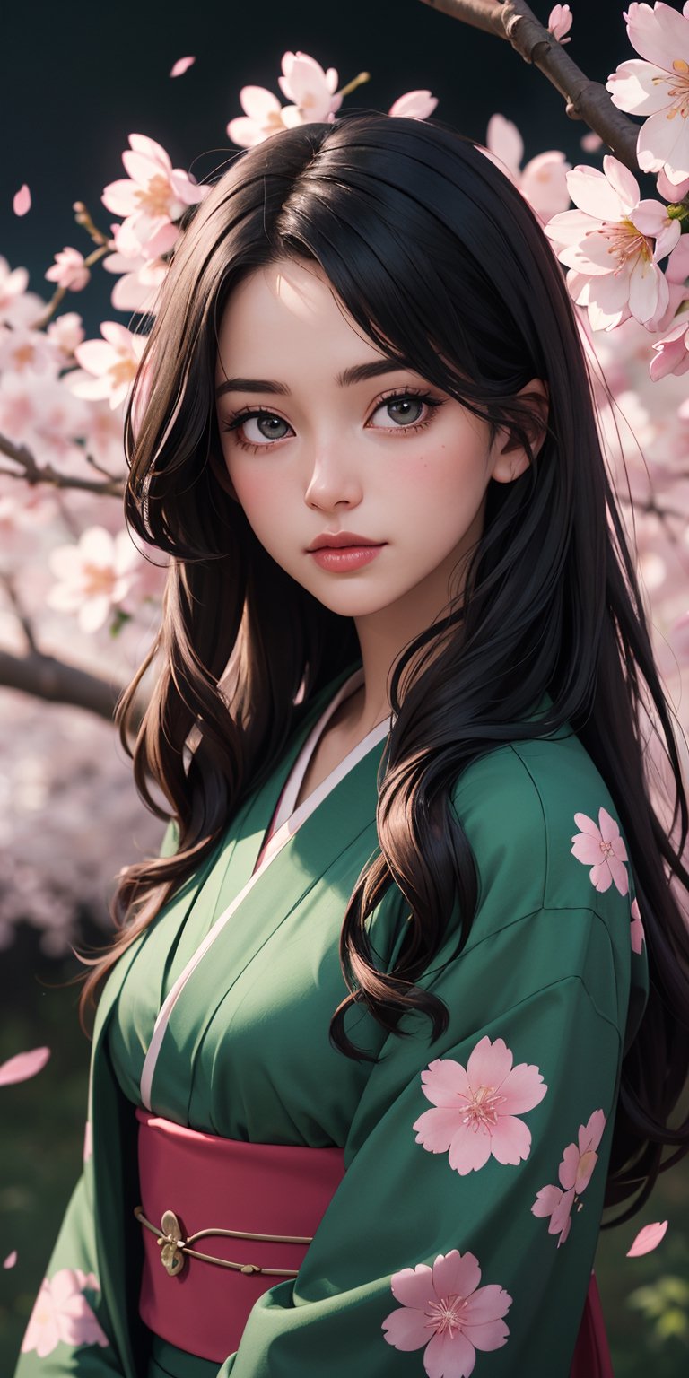 ((realistic)),((best quality)),((masterpiece)),ultra detailed background ((Cherry Blossoms)),(22 years old beautiful woman) with dark green kimono , holding clover-leaves, flowy black hair with glowing multicolored streak hair, (jade eyes),beautiful face,leaves of clover, mysterious,mysteries of universe,volumetric lightnings, dark and blurry background,depth_of_field,