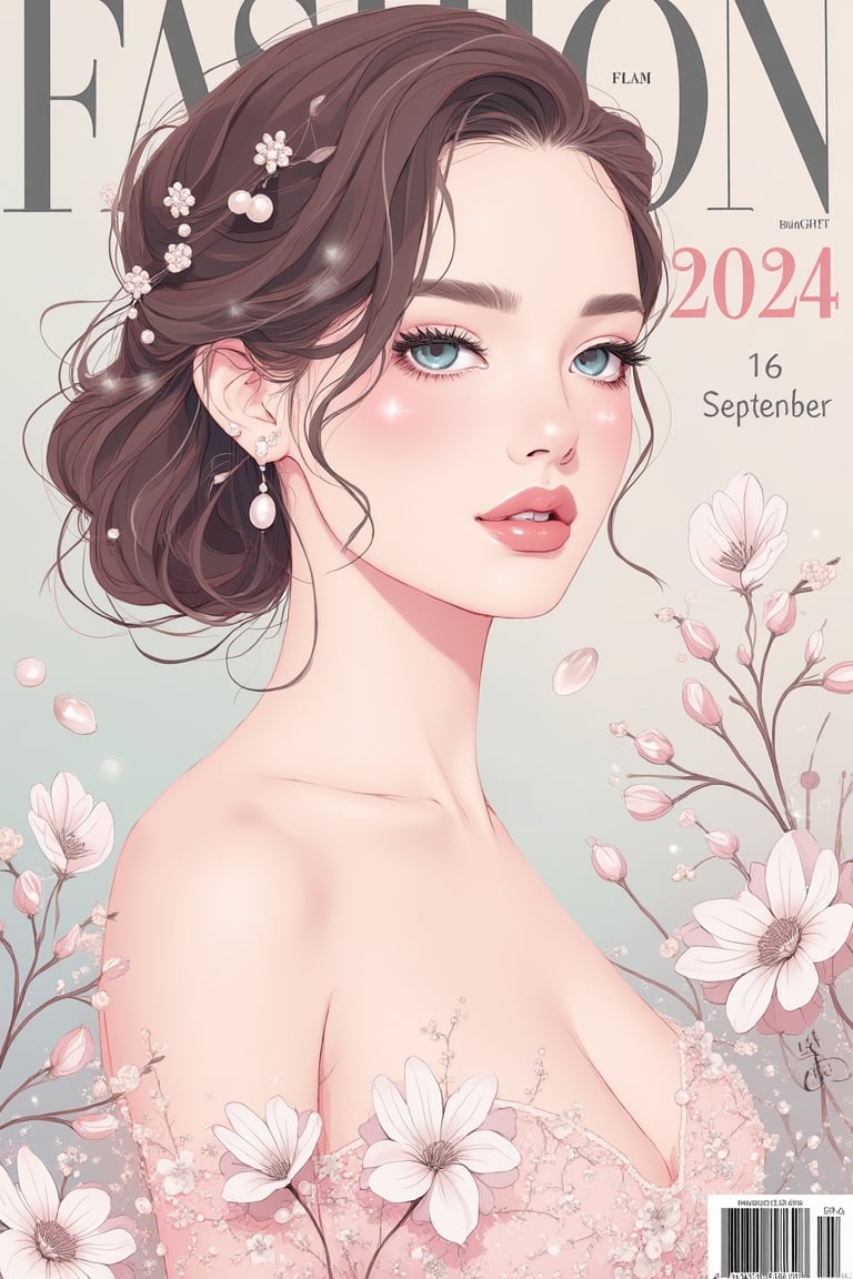 (best quality, masterpiece, ultra-detailed, flat colors, 8K, magazine cover design), a flat color illustration of a stunning young woman with striking azure eyes featured on the front cover of the "September 2024" fashion magazine. Adding bold beatiful typography of "16 September 2024", text, diagrams, advertisements, magazine title, barcode. Her delicate makeup enhances her natural beauty, with soft highlights on her full lips. Her hair is elegantly styled in soft curls, adorned with small, lustrous pearls, contributing to her graceful and refined look. 

She is wearing an exquisite, intricately designed dress with delicate floral embroidery, adorned with pearls and gemstones in soft shades of pink and silver. The flat color palette emphasizes clean lines and smooth shading, adding to the modern, elegant aesthetic of the cover. The overall composition is balanced, with the focus on the woman's striking features and ornate attire, giving the magazine a luxurious and sophisticated visual appeal.