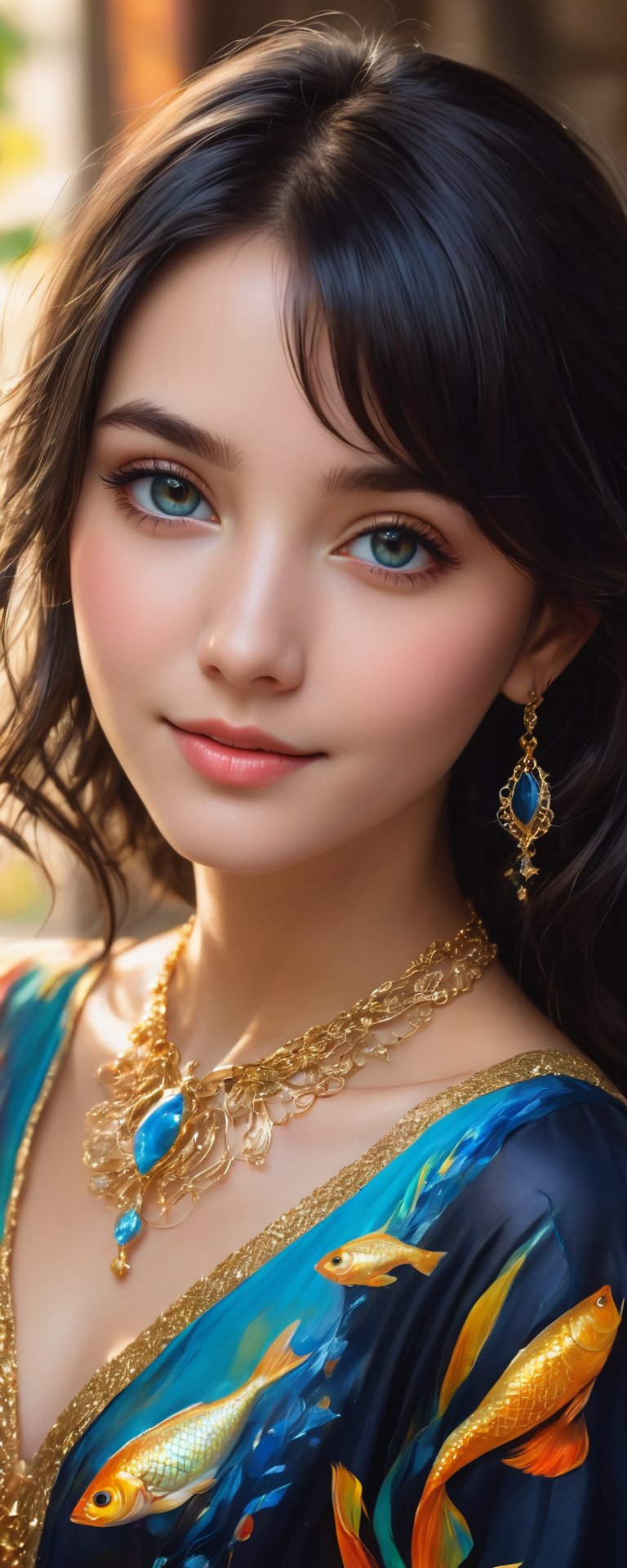 (best quality, masterpiece, ultra detailed, 8K, RAW photo), 
an oil paintiing of a beautiful student model, eye contact,beautiful detailed dark eyes, lipgloss, kind smile, graceful pose, flowy black hair, expressive prestigous blouse with azure fish patterns, glowing jewelries, gorgeous gold necklace, fantasy style, soft brush strokes, vibrant colors, delicate features, soft natural light, subtle shading, summer fesitval background, 