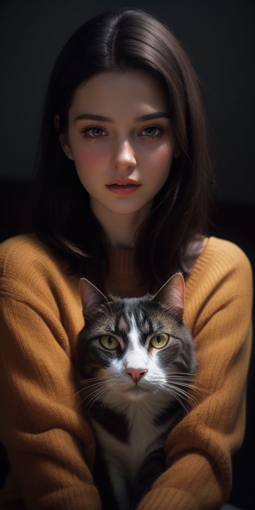 hotorealistic,  realistic,  RAW photo,  cute 18 year old woman and her cat,  digital painting,  pale skin, highly detailed face, black hair,  seducing facial expression, wearing a cozy sweater,  1950s, dark background, warm colors,  RAW candid cinema, 16mm, color graded portra 400 film, remarkable color, ultra realistic