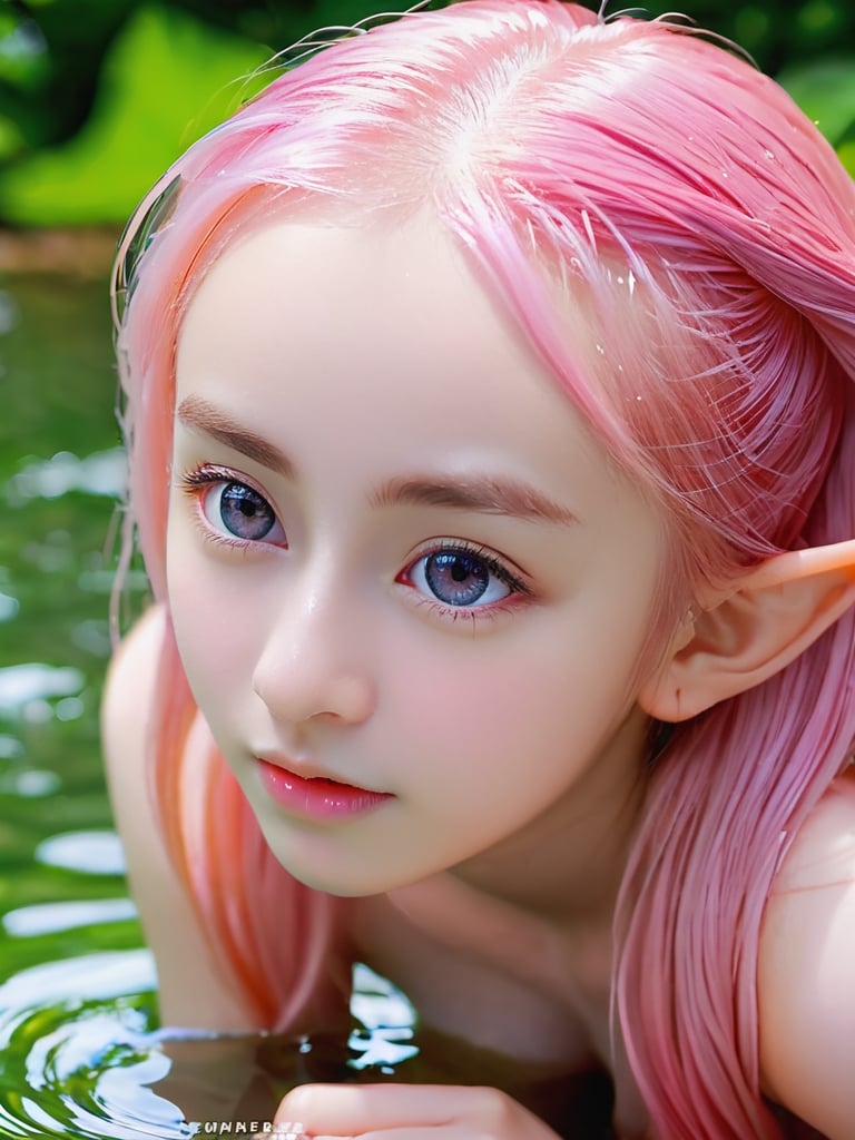 beautiful teen she-elf kneeling in pound of water looking at viewer, hyperrealistic, life like, real, Prefect, extreme detail, perfect female body,girl, young, bight clear eyes, sharp focus, very long flowing pink hair, perky nipples, perfect hands, lovly legs, pelvis,perfect eyes, wearing only leafs,beautymix