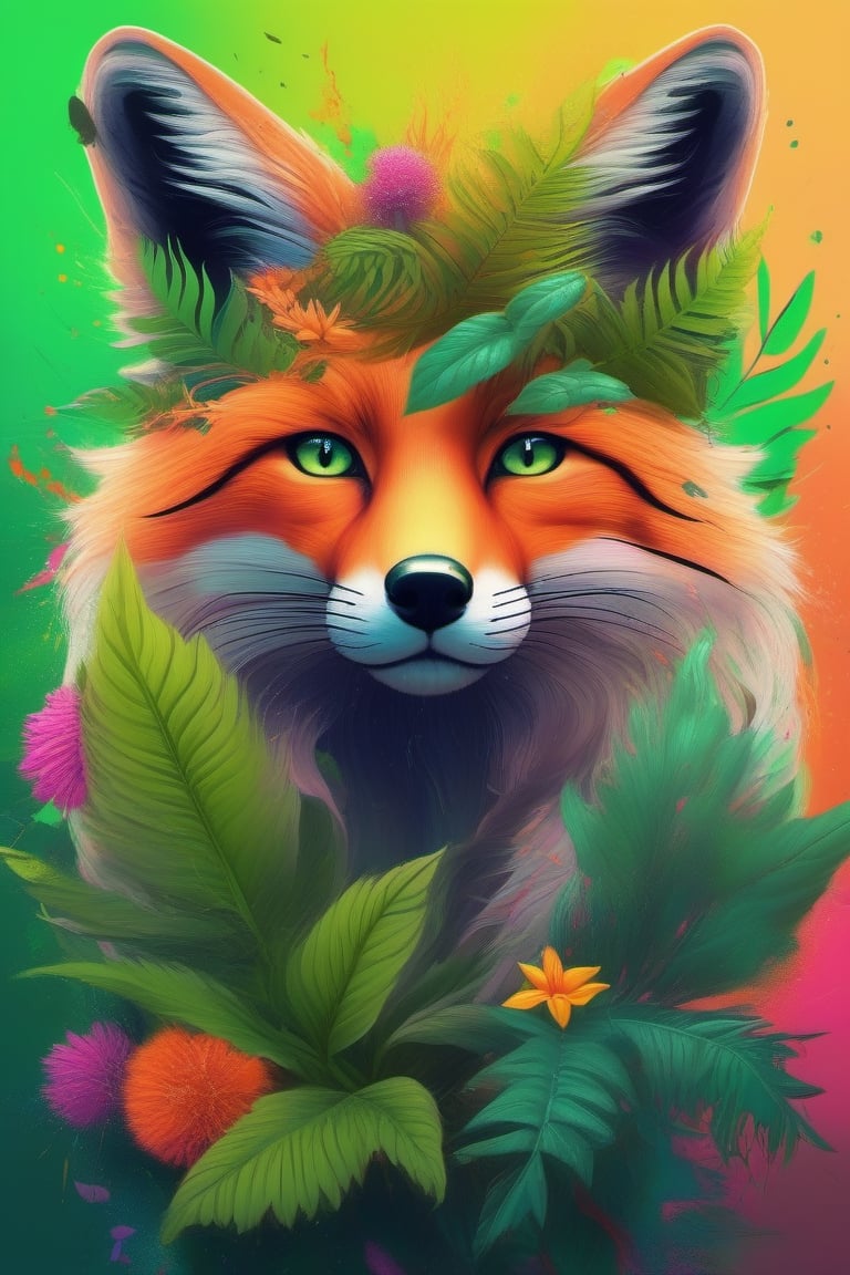 nude, (masterpiece:1.1), (highest quality:1.1), (HDR:1.0), extreme quality, cg, (negative space), detailed face+eyes, 1girl, fox ears, animal ear fluff, (plants:1.18), (fractal art), (bright colors), splashes of color background, colors mashing, paint splatter, complimentary colors, neon, (thunder tiger), compassionate, electric, limited palette, synthwave, fine art, tan skin, full body, (green and orange:1.2), time stop, sy3, SMM