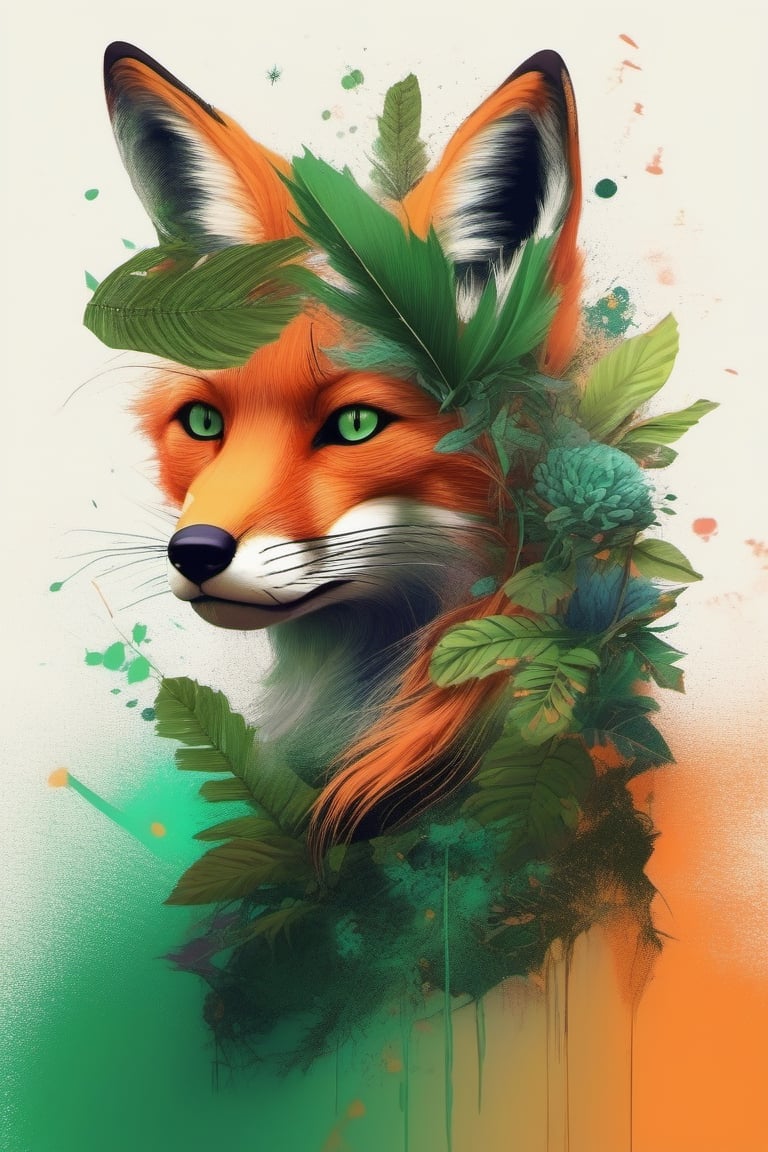 (masterpiece:1.1), (highest quality:1.1), (HDR:1.0), extreme quality, cg, (negative space), detailed face+eyes, 1girl, fox ears, animal ear fluff, (plants:1.18), (fractal art), (bright colors), splashes of color background, colors mashing, paint splatter, complimentary colors, neon, (thunder tiger), compassionate, electric, limited palette, synthwave, fine art, tan skin, upper body, (green and orange:1.2), time stop, sy3, SMM