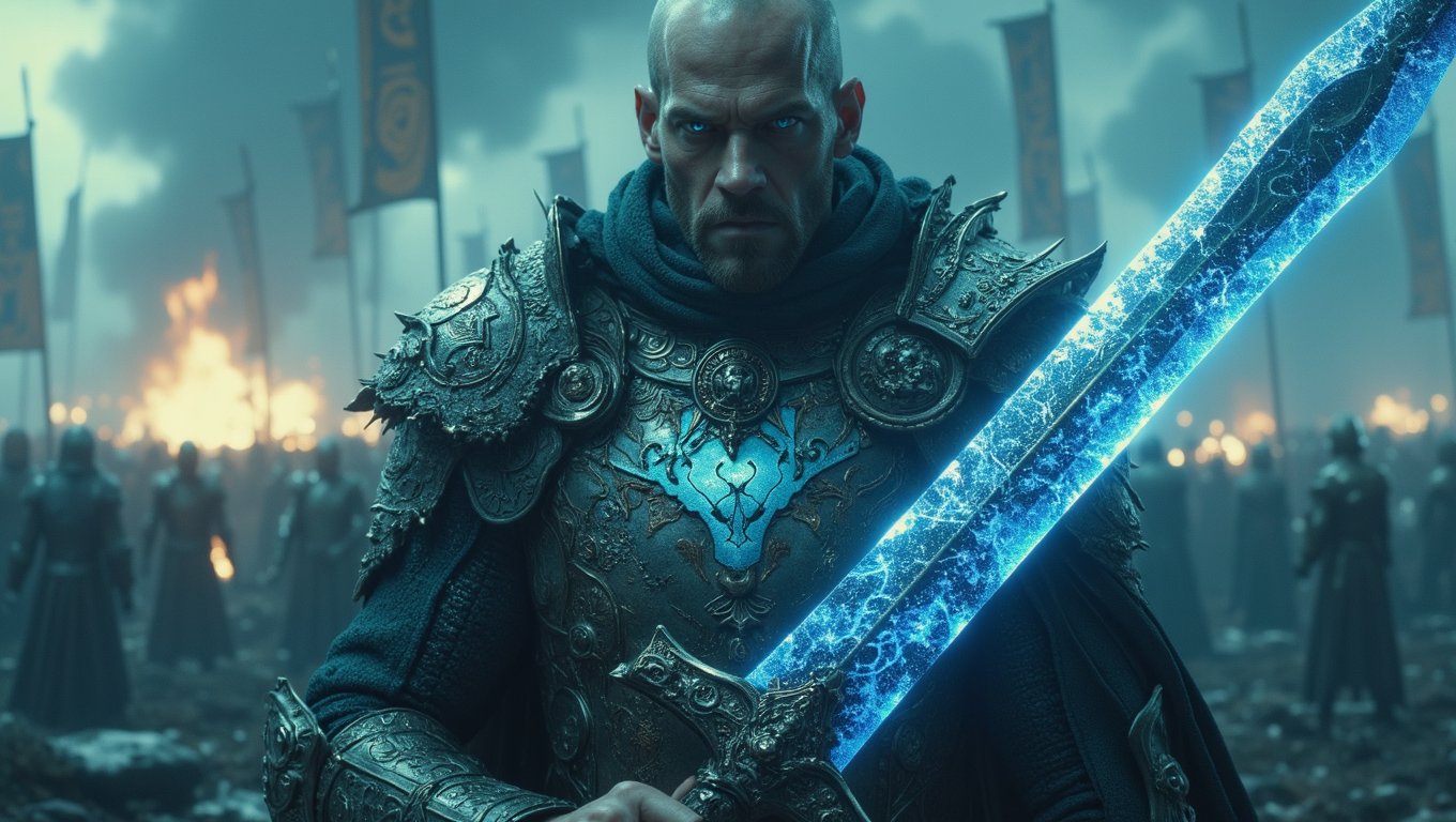 cinematic shot of Jason Statham's intense male knight, his determined expression illuminated by the soft light of an overcast sky. He grips an enormous legendary greatsword, its glowing blue blade etched with celestial symbols and emitting a faint mist. Intricate engravings on his armor depict ancient runes and mythological creatures. In the blurred background, a war-torn battlefield unfolds, with broken banners and smoldering ashes adding drama. The knight's gaze pierces through the haze of smoke and conflict, his focus unwavering as he readies for battle. best quality, ultra quality, ((ultra realistic)), ((hyper realistic)) , ((insane details)) , 8k, Photo real, 