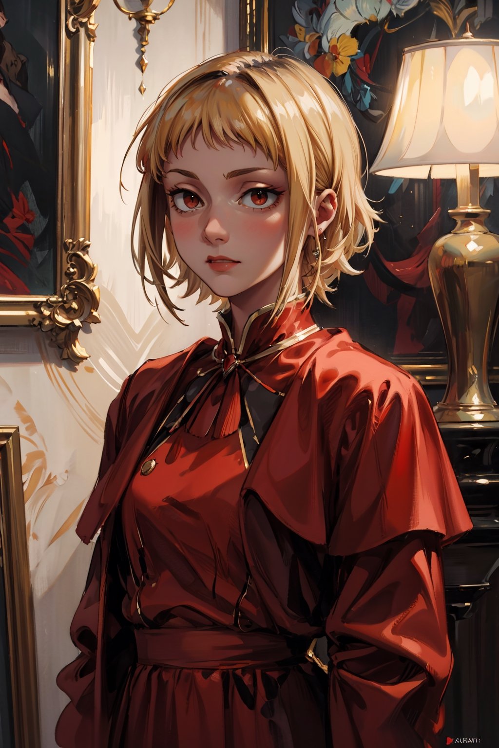  warm light, warm glow, (masterpiece, high quality, highres,Highest picture quality), mature_female,
1girl, sawatari akane, blonde, red eyes, red dress, victorian dress, short hair,

 upper body, rim light, blurry background, 
luxury, indoors, oil painting, rembrant light, masterpiece, renaissance portrait painting, elegant_dress,