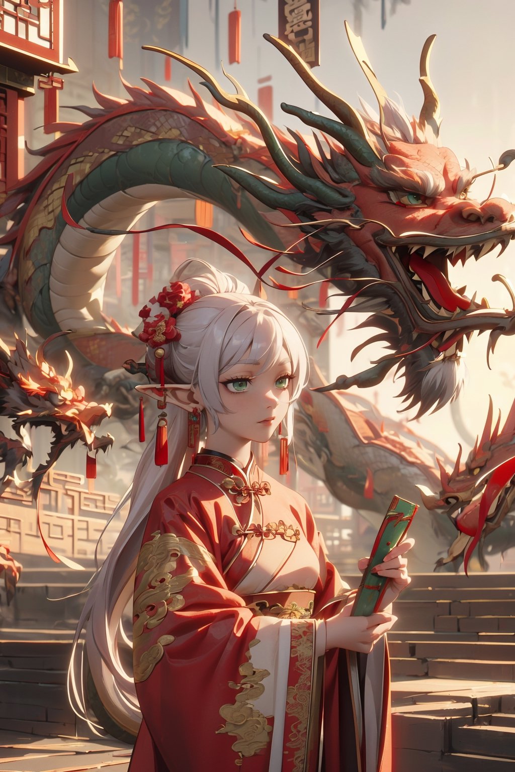 1woman, mature, grey_hair, loose hair, elf, pointy_ears, long_hair, green_eyes, small_breasts, earrings, red_earrings, 
red dress, chinese dress, dragon, china town, celebration, chinese new year, taut-dress,
 dragon in the background,
upper body, (chinese-dragon:1.5)
(establishing-shot:1.5)