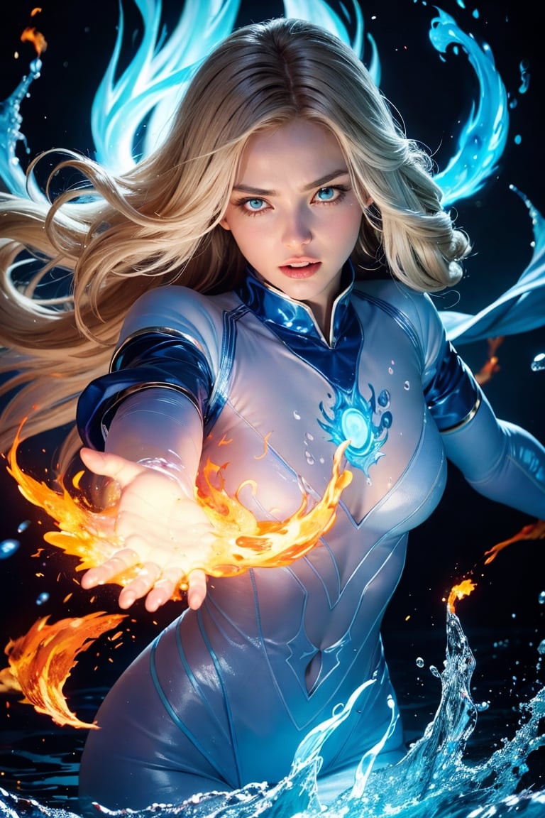 3/4 body,vivid colors, adult woman, jade eyes, light blonde wavy hair Magic Circle, glowing eyes,spellcaster, light blue clothing, dynamic pose, casting water and fire spell, elemental mastery, blue flames, blue fire, surrounded by swirls of waterand fire , elemental , mixed fire and water, drops of water, embers, flaming water, energy tendrils, ethereal energy, reflections, 