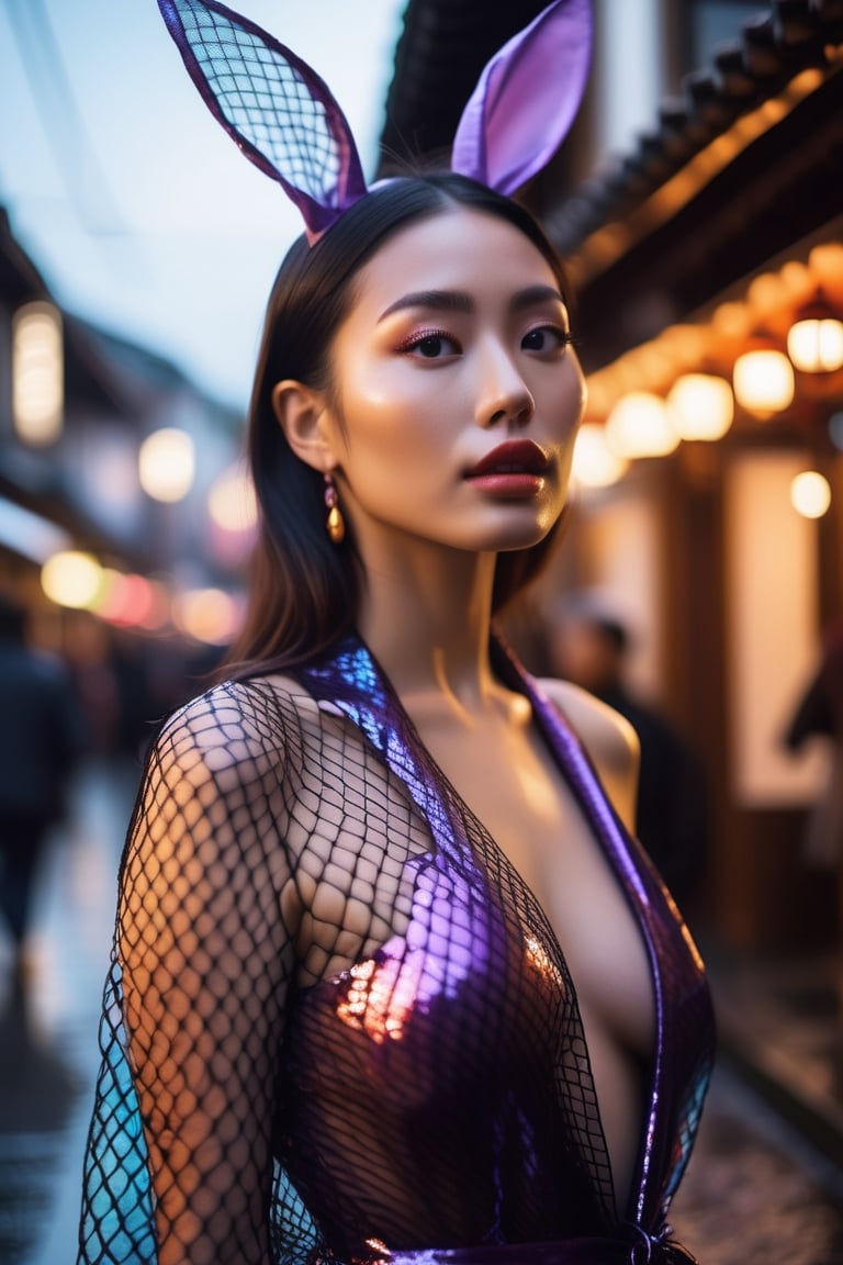 (black fishnet:1.5),cinematic photo official art,unity 8k wallpaper,ultra detailed,aesthetic,masterpiece,best quality,photorealistic,entangle,(purple rose:1.3),tangle,entangle,(1girl:1.3),chinese woman,(full body:1.4),Glowing eyes,tears,Golden eyeshadows,ecstasy of flower,dynamic angle,(the most beautiful form of chaos:1.2),elegant,Gradient colours,(romanticism:1.1),film,professional,skin detail realistic,Shimmering Crysta,looking at viewer,profile,(holographic:1.2),,(transparent raincoat:1.2),holographic,a woman in a dress with a futuristic design on it's chest and arms,holographic fabric,solo,1 girl,translucent glass,holographic structure,glowing,clear glass,dress,big breasts,cleavage,slender,(flower sea:1.4),(the petals are flying around the girl:1.5),white hair,curly hair,long hair,(pony-tail:0.9),bunnyfishnet,1girl,bunnyfishnet,numerous tourists,colorful,Cinematic Lighting,available light,wet face,blush,wet hair,airplane arms, (bunny_ears:1.4),central street kyoto,ancient japan,torii,saika,afternoon sunset time,