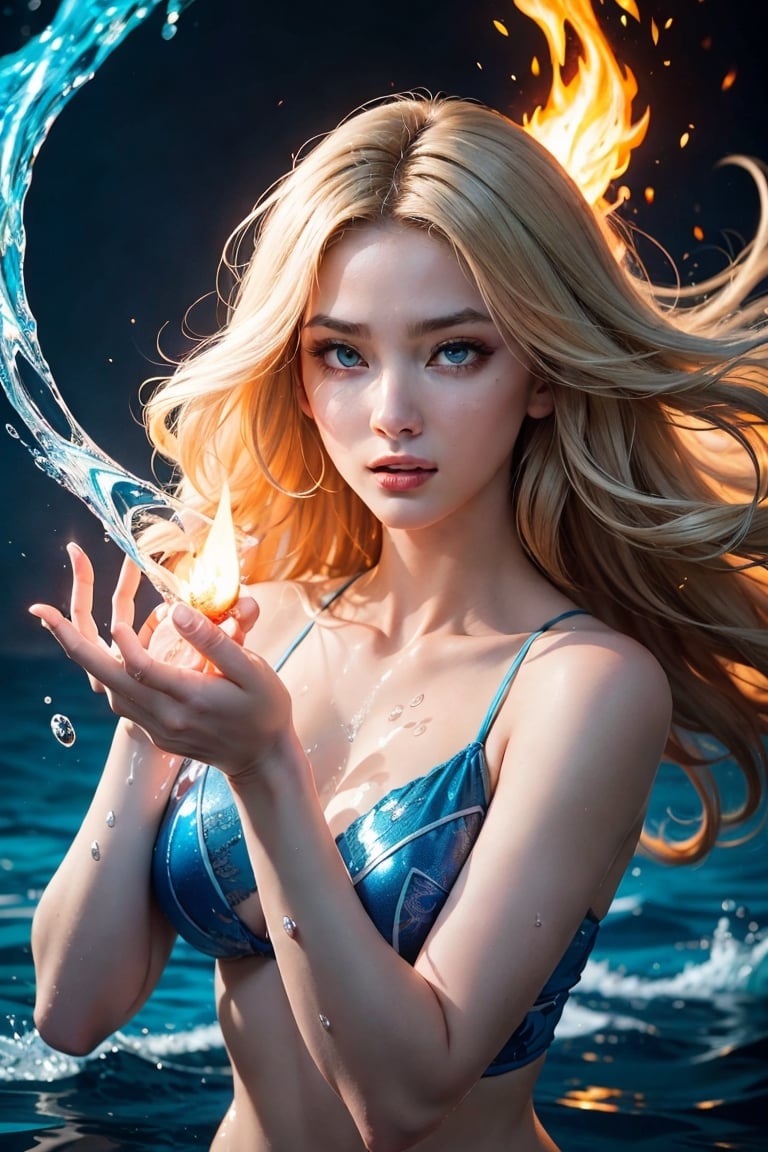 3/4 body,vivid colors, cold colors, masterpiece, creative, high resolution, ultra-high definition, low-saturation, dynamic angle, 1 girl, adult woman, jade eyes, light blonde wavy hair, (style-swirlmagic:0.8), portrait, solo, looking away, detailed background, detailed face, Magic Circle theme:1.1), glowing eyes, [fire|water]-spellcaster, light blue [water|fire] themed clothing dynamic pose, casting [water|fire] spell, elemental mastery, blue flames, blue fire, surrounded by swirls of [water|fire] , elemental harmony, mixed fire and water, drops of water, embers, flaming water, energy tendrils, ethereal energy, reflections, powerful water] magic, [inferno|lake] in background, epic atmosphere,