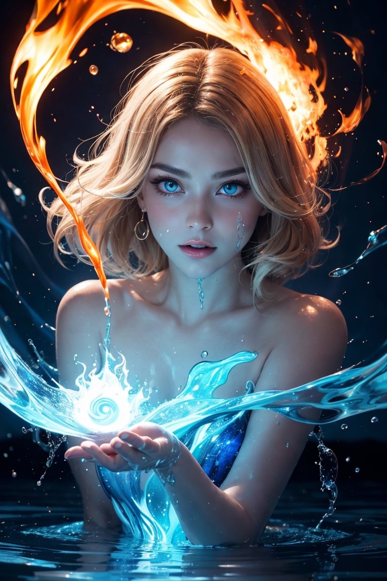 3/4 body,vivid colors, adult woman, jade eyes, light blonde wavy hair Magic Circle, glowing eyes,spellcaster, light blue clothing, dynamic pose, casting water and fire spell, elemental mastery, blue flames, blue fire, surrounded by swirls of waterand fire , elemental , mixed fire and water, drops of water, embers, flaming water, energy tendrils, ethereal energy, reflections, 