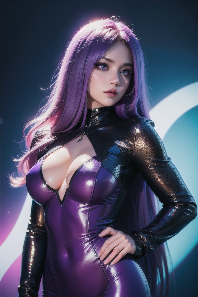 (photorealistic:1.4), long bangs, long eyelashes, thick eyelashes, makeup, absurdly long hair, black and purple demon jewelry, highly detailed hyperrealistic, intricate scene, demon queen with white purple hair , glowing purple eyes, purple magic around her, determined expression,  standing with one hand on hip, detailed facial features, dynamic and exaggerated, rich color palette, realistic lighting, high-contrast, dark and enchanting, fantasy atmosphere, photography aesthetic, 