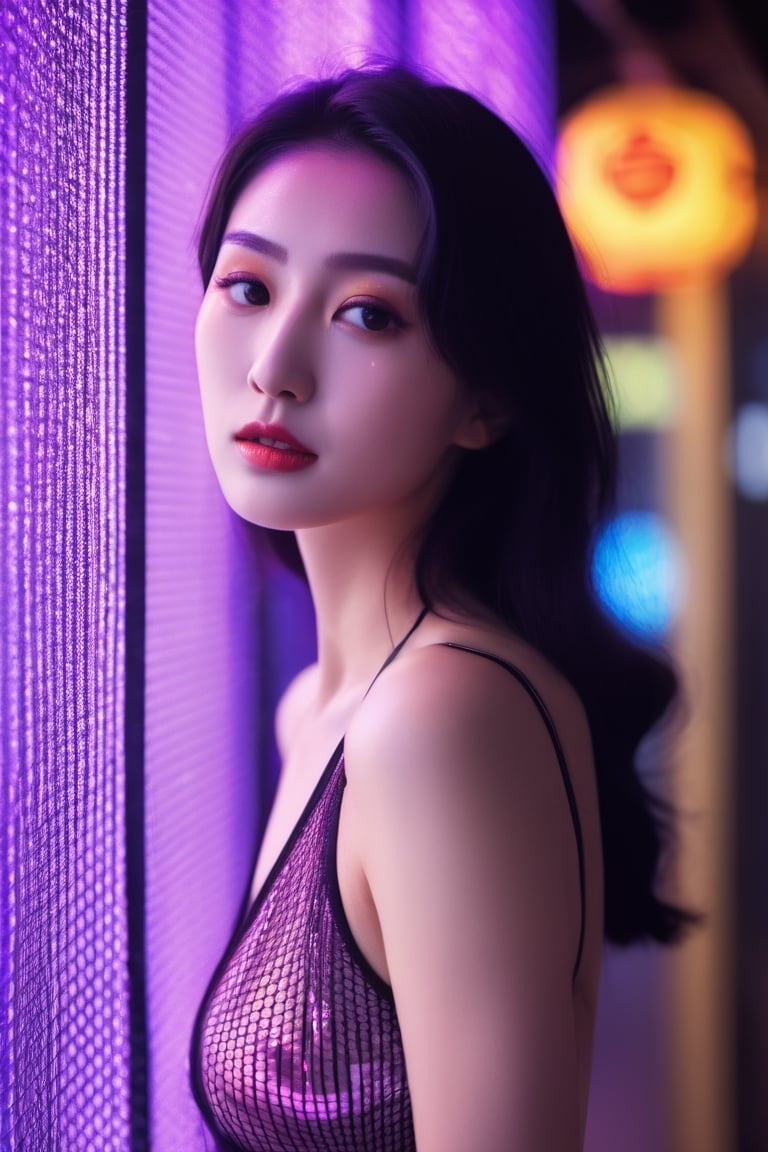 (black fishnet:1.5),cinematic photo official art,unity 8k wallpaper,ultra detailed,aesthetic,masterpiece,best quality,photorealistic,entangle,(purple rose:1.3),tangle,entangle,(1girl:1.3),chinese woman,(full body:1.4),Glowing eyes,tears,Golden eyeshadows,ecstasy of flower,dynamic angle,(the most beautiful form of chaos:1.2),elegant,Gradient colours,(romanticism:1.1),film,professional,skin detail realistic,Shimmering Crysta,looking at viewer,profile,(holographic:1.2),,(transparent raincoat:1.2),holographic,a woman in a dress with a futuristic design on it's chest and arms,holographic fabric,solo,1 girl,translucent glass,holographic structure,glowing,clear glass,dress,big breasts,cleavage,slender,(flower sea:1.4),(the petals are flying around the girl:1.5),white hair,curly hair,long hair,(pony-tail:0.9),bunnyfishnet,1girl,bunnyfishnet,numerous tourists,colorful,Cinematic Lighting,available light,wet face,blush,wet hair,airplane arms, (bunny_ears:1.4),central street kyoto,ancient japan,torii,saika,afternoon sunset time,