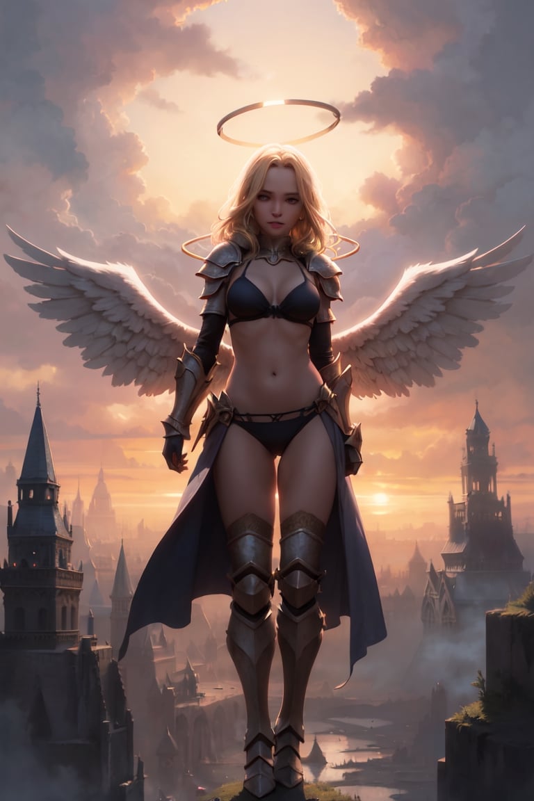 best quality, from front, a girl, looks at viewer, flying hair, fantasy landscape on background, cinematic, best quality, (looks at viewer:1.3), (blonde:1.1), beautiful face, medium flying hair,  angel halo, angel wings, fantasy landscape on background, best quality, from front, a girl, medium breast, bra, angel wings, fantasy landscape on background, bikini_armor, mechanical legs, 