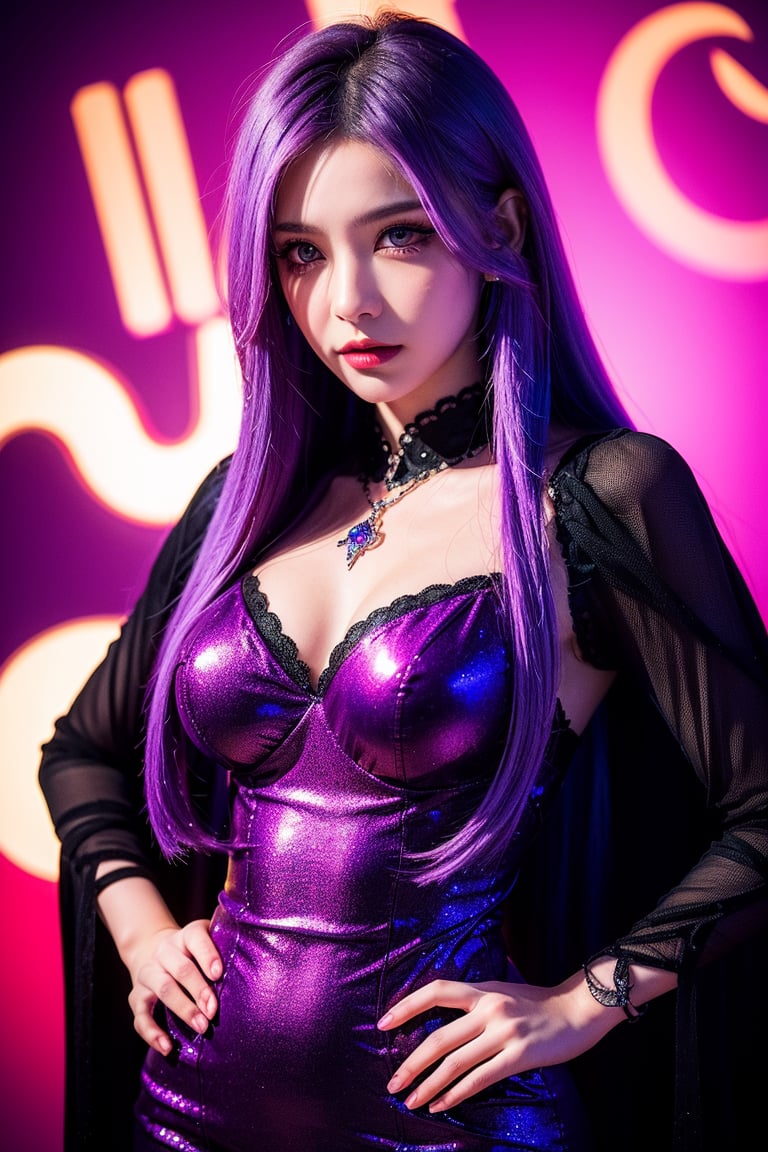 (photorealistic:1.4), long bangs, long eyelashes, thick eyelashes, makeup, absurdly long hair, black and purple demon jewelry, highly detailed hyperrealistic, intricate scene, demon queen with white purple hair , glowing purple eyes, purple magic around her, determined expression,  standing with one hand on hip, detailed facial features, dynamic and exaggerated, rich color palette, realistic lighting, high-contrast, dark and enchanting, fantasy atmosphere, photography aesthetic, 