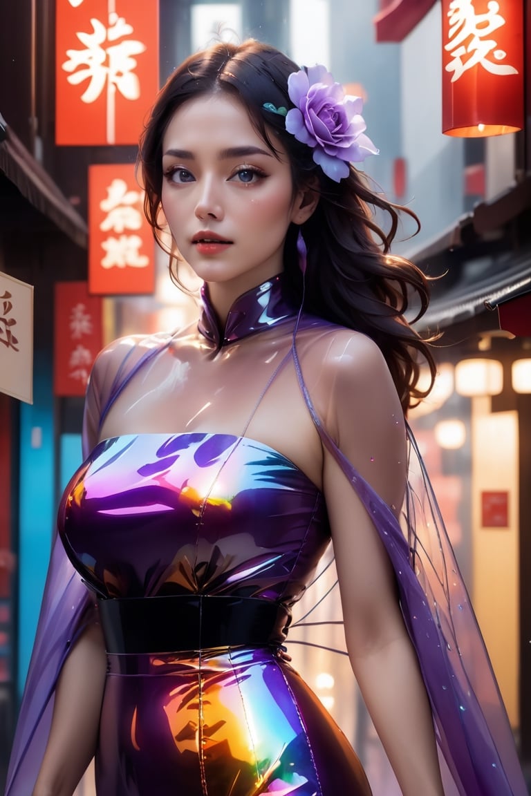 full figure,(black fishnet:1.5),cinematic photo official art,unity 8k wallpaper,ultra detailed,aesthetic,masterpiece,best quality,photorealistic,entangle,(purple rose:1.3),tangle,entangle,(1girl:1.3),chinese woman,(full body:1.4),Glowing eyes,tears,Golden eyeshadows,ecstasy of flower,dynamic angle,(the most beautiful form of chaos:1.2),elegant,Gradient colours,(romanticism:1.1),film,professional,skin detail realistic,Shimmering Crysta,looking at viewer,profile,(holographic:1.2),,(transparent raincoat:1.2),holographic,a woman in a dress with a futuristic design on it's chest and arms,holographic fabric,solo,1 girl,translucent glass,holographic structure,glowing,clear glass,dress,big breasts,cleavage,slender,(flower sea:1.4),(the petals are flying around the girl:1.5),white hair,curly hair,long hair,(pony-tail:0.9),bunnyfishnet,1girl,bunnyfishnet,numerous tourists,colorful,Cinematic Lighting,available light,wet face,blush,wet hair,airplane arms, (bunny_ears:1.4),central street kyoto,ancient japan,torii,saika,afternoon sunset time,