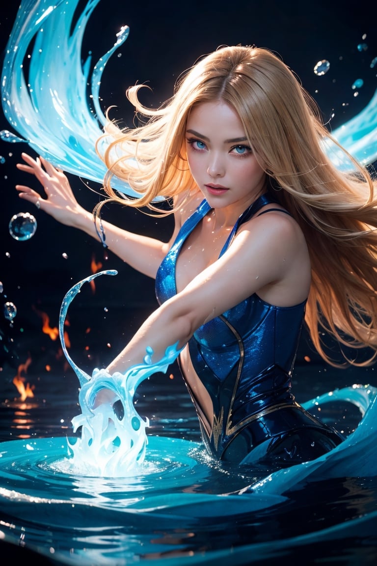 3/4 body,vivid colors, adult woman, jade eyes, light blonde wavy hair Magic Circle, glowing eyes,spellcaster, light blue clothing, dynamic pose, casting water and fire spell, elemental mastery, blue flames, blue fire, surrounded by swirls of waterand fire , elemental , mixed fire and water, drops of water, embers, flaming water, energy tendrils, ethereal energy, reflections, 