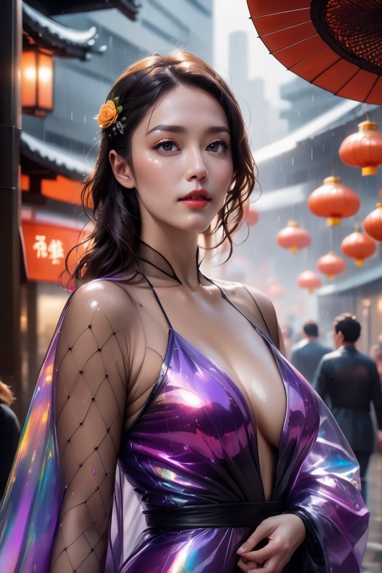 full figure,(black fishnet:1.5),cinematic photo official art,unity 8k wallpaper,ultra detailed,aesthetic,masterpiece,best quality,photorealistic,entangle,(purple rose:1.3),tangle,entangle,(1girl:1.3),chinese woman,(full body:1.4),Glowing eyes,tears,Golden eyeshadows,ecstasy of flower,dynamic angle,(the most beautiful form of chaos:1.2),elegant,Gradient colours,(romanticism:1.1),film,professional,skin detail realistic,Shimmering Crysta,looking at viewer,profile,(holographic:1.2),,(transparent raincoat:1.2),holographic,a woman in a dress with a futuristic design on it's chest and arms,holographic fabric,solo,1 girl,translucent glass,holographic structure,glowing,clear glass,dress,big breasts,cleavage,slender,(flower sea:1.4),(the petals are flying around the girl:1.5),white hair,curly hair,long hair,(pony-tail:0.9),bunnyfishnet,1girl,bunnyfishnet,numerous tourists,colorful,Cinematic Lighting,available light,wet face,blush,wet hair,airplane arms, (bunny_ears:1.4),central street kyoto,ancient japan,torii,saika,afternoon sunset time,