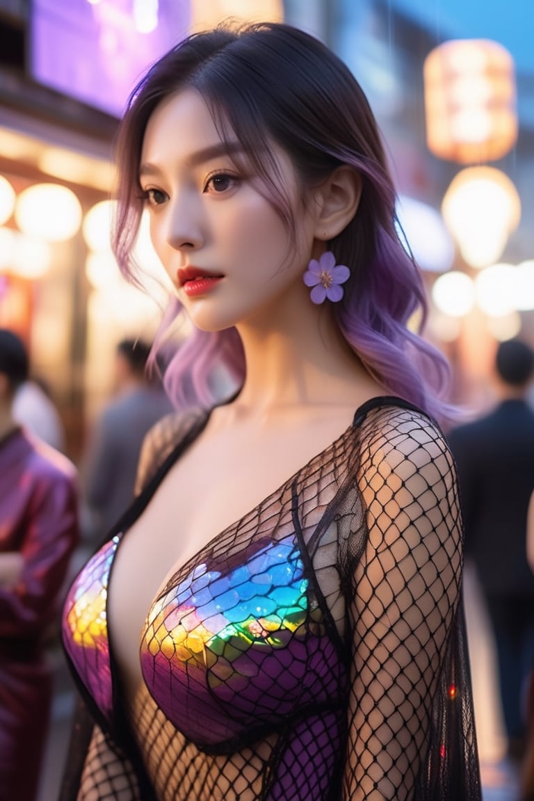 (black fishnet:1.5),cinematic photo official art,unity 8k wallpaper,ultra detailed,aesthetic,masterpiece,best quality,photorealistic,entangle,(purple rose:1.3),tangle,entangle,(1girl:1.3),chinese woman,(full body:1.4),Glowing eyes,tears,Golden eyeshadows,ecstasy of flower,dynamic angle,(the most beautiful form of chaos:1.2),elegant,Gradient colours,(romanticism:1.1),film,professional,skin detail realistic,Shimmering Crysta,looking at viewer,profile,(holographic:1.2),,(transparent raincoat:1.2),holographic,a woman in a dress with a futuristic design on it's chest and arms,holographic fabric,solo,1 girl,translucent glass,holographic structure,glowing,clear glass,dress,big breasts,cleavage,slender,(flower sea:1.4),(the petals are flying around the girl:1.5),white hair,curly hair,long hair,(pony-tail:0.9),bunnyfishnet,1girl,bunnyfishnet,numerous tourists,colorful,Cinematic Lighting,available light,wet face,blush,wet hair,airplane arms, (bunny_ears:1.4),central street kyoto,ancient japan,torii,saika,afternoon sunset time,