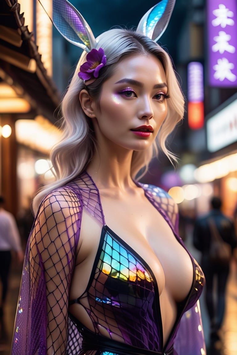 full figure,(black fishnet:1.5),cinematic photo official art,unity 8k wallpaper,ultra detailed,aesthetic,masterpiece,best quality,photorealistic,entangle,(purple rose:1.3),tangle,entangle,(1girl:1.3),chinese woman,(full body:1.4),Glowing eyes,tears,Golden eyeshadows,ecstasy of flower,dynamic angle,(the most beautiful form of chaos:1.2),elegant,Gradient colours,(romanticism:1.1),film,professional,skin detail realistic,Shimmering Crysta,looking at viewer,profile,(holographic:1.2),,(transparent raincoat:1.2),holographic,a woman in a dress with a futuristic design on it's chest and arms,holographic fabric,solo,1 girl,translucent glass,holographic structure,glowing,clear glass,dress,big breasts,cleavage,slender,(flower sea:1.4),(the petals are flying around the girl:1.5),white hair,curly hair,long hair,(pony-tail:0.9),bunnyfishnet,1girl,bunnyfishnet,numerous tourists,colorful,Cinematic Lighting,available light,wet face,blush,wet hair,airplane arms, (bunny_ears:1.4),central street kyoto,ancient japan,torii,saika,afternoon sunset time,