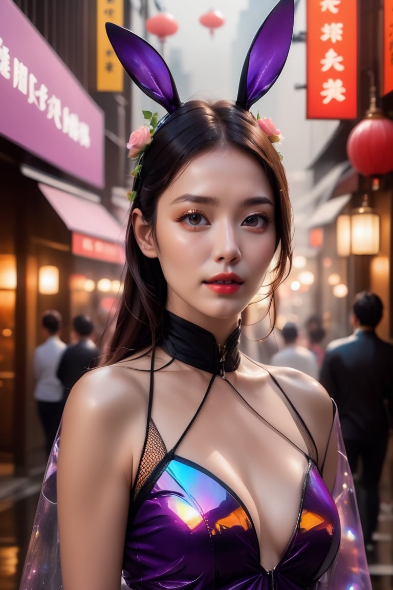 (black fishnet:1.5),cinematic photo official art,unity 8k wallpaper,ultra detailed,aesthetic,masterpiece,best quality,photorealistic,entangle,(purple rose:1.3),tangle,entangle,(1girl:1.3),chinese woman,(full body:1.4),Glowing eyes,tears,Golden eyeshadows,ecstasy of flower,dynamic angle,(the most beautiful form of chaos:1.2),elegant,Gradient colours,(romanticism:1.1),film,professional,skin detail realistic,Shimmering Crysta,looking at viewer,profile,(holographic:1.2),,(transparent raincoat:1.2),holographic,a woman in a dress with a futuristic design on it's chest and arms,holographic fabric,solo,1 girl,translucent glass,holographic structure,glowing,clear glass,dress,big breasts,cleavage,slender,(flower sea:1.4),(the petals are flying around the girl:1.5),white hair,curly hair,long hair,(pony-tail:0.9),bunnyfishnet,1girl,bunnyfishnet,numerous tourists,colorful,Cinematic Lighting,available light,wet face,blush,wet hair,airplane arms, (bunny_ears:1.4),central street kyoto,ancient japan,torii,saika,afternoon sunset time,