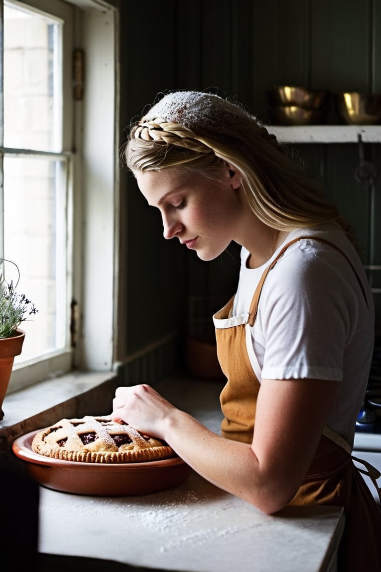 "Upper body photograph of a girl in a cozy kitchen, engrossed in baking, BREAK with elements like vintage wooden furniture, assorted baking tools scattered, flour dusted on the countertop, and a warm, just-baked pie cooling nearby, BREAK emanating feelings of joy, nostalgia, and homey comfort, BREAK digitally captured in a candid, photojournalistic style, BREAK illuminated by soft, natural daylight filtering through a nearby window, eliciting warm and inviting tones, BREAK shot from a comfortable, eye-level perspective, with a shallow depth of field that subtly blurs the background, BREAK in a high-definition, crisp, and finely detailed manner."