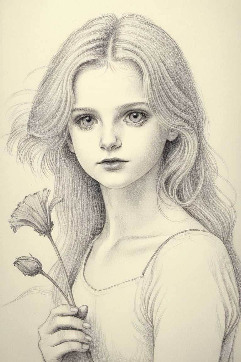 Pencil Draw, young girl holding the flower