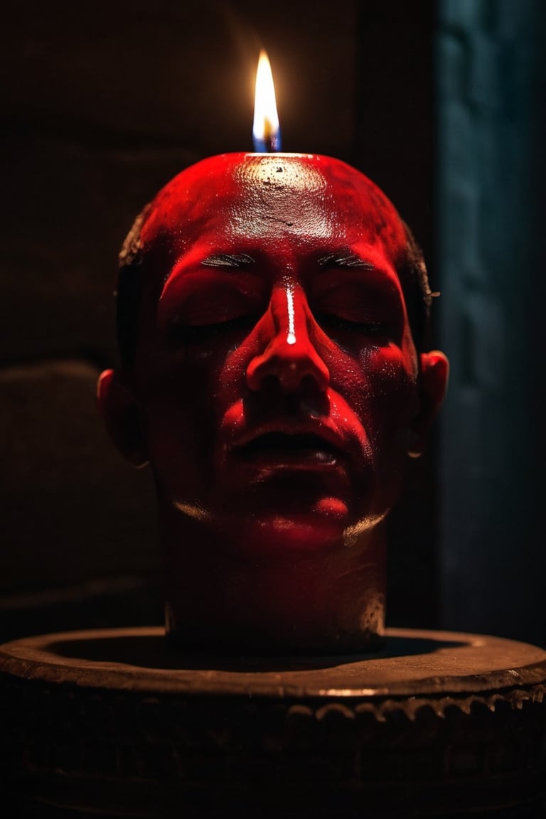 Bloody realistic Severed human head, eyes closed, resting on a stone pedestal, BREAK darkened room, candlelight, worn and aged stone walls, cobwebs in corners, BREAK Eerie, unsettling, BREAK Digitally rendered, hyperrealistic style, BREAK Flickering candlelight, casting long shadows, gothic atmosphere, lens flare from candle, BREAK Macro perspective, gritty detail, 16K resolution