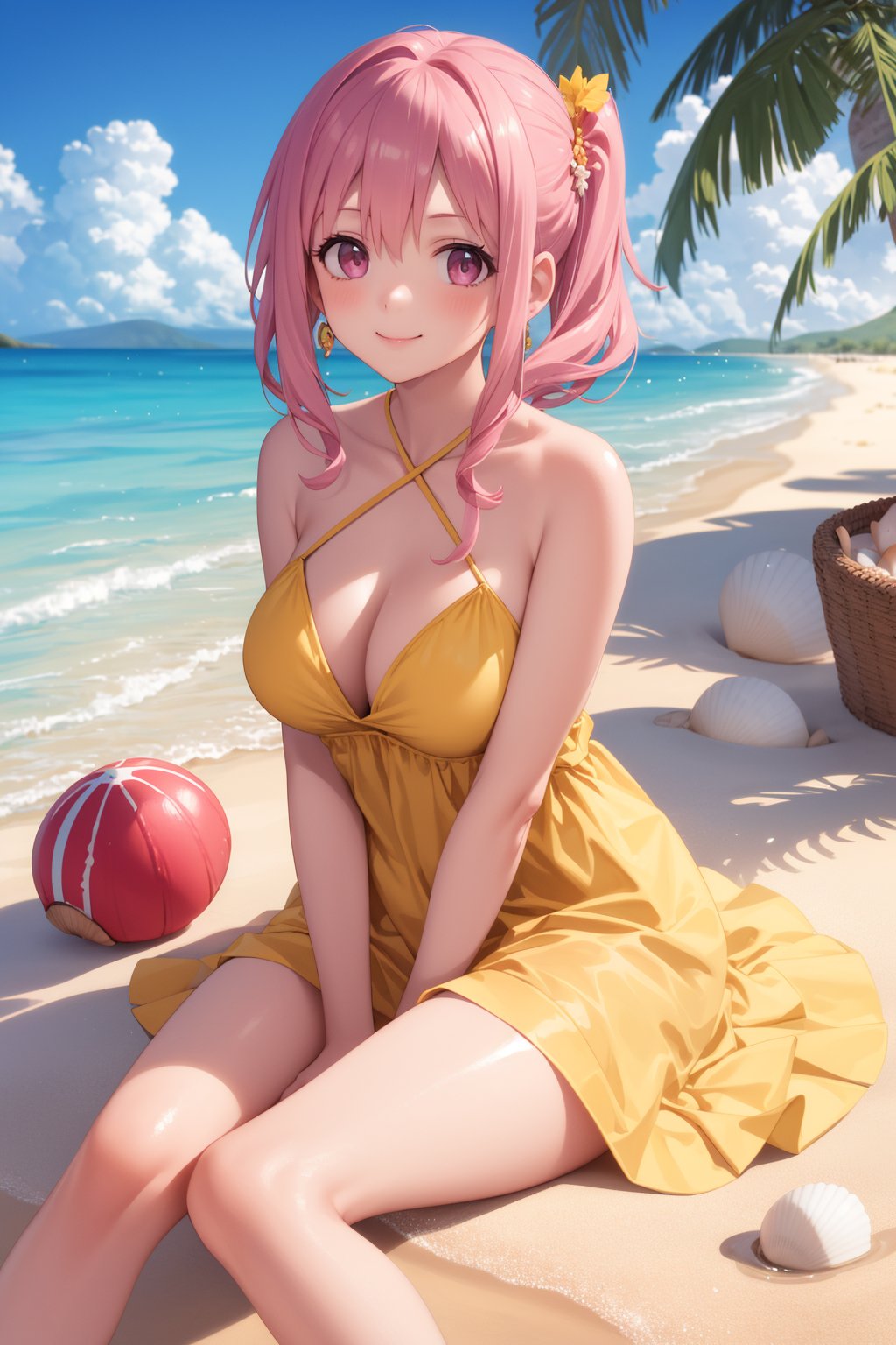 masterpiece, best quality, incredibly absurdress, highres, high detail eyes, high detail background, 1girl,yellow dress,sitting in a big pink shell,white sand beach, some shells on the beach,sunbeam, sunlight, looking at viewer, smile, ,kaede hozuki