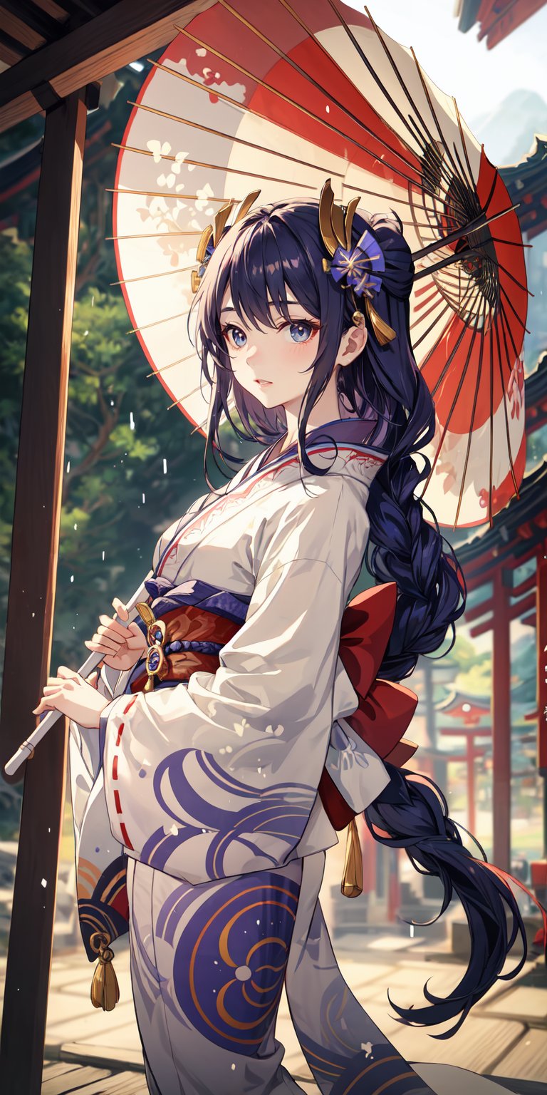 A geisha, beautiful eyes with long eyelashes, extremely white, pale skin, wearing a red velvet kimono, an umbrella (parasol) of the culture Japanese, Japanese neighborhood old scenery background. Little indirect linear lighting.,raidenshogundef