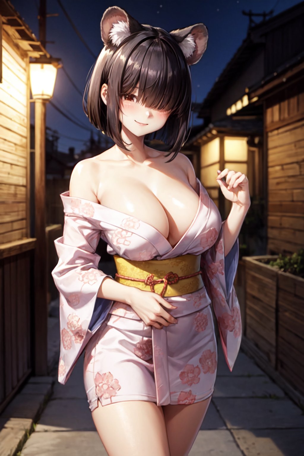 masterpiece, 1girl, bobcut, medium_hair, hair over eyes, tanuki_ears, black_hair, blunt_bangs, blunt_ends, cowboy_shot, blush, smile, pink_kimono, pink_yukata, bare_shoulders, bare_legs, cleavage, huge_breasts, oppai loli