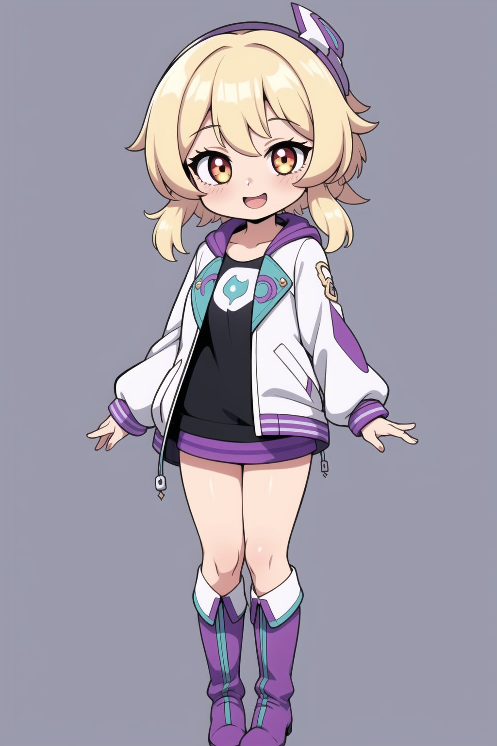 1girl, standing straight, element, Characters, cute, HD resolution, 8k,full body, white color clean,  background  clean. slim model body, excited Baby Chibi,purple cyberpunk, headphone, geming jacket boots, Baby Chibi,

,lumine_genshin