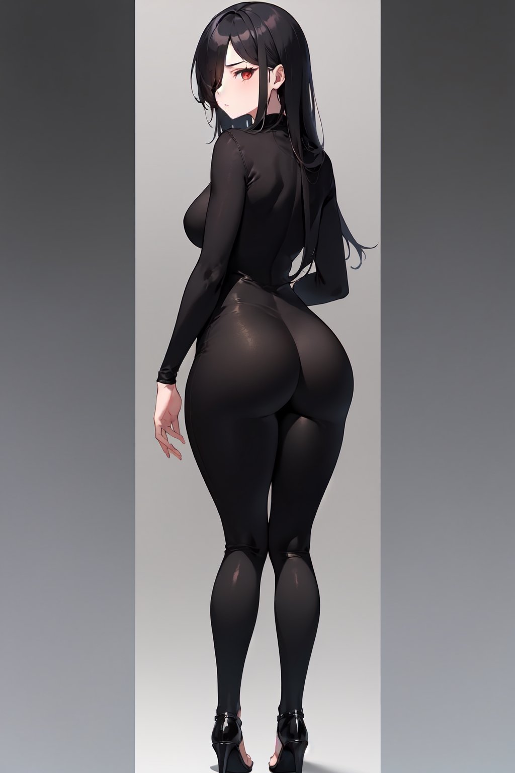 best quality, masterpiece, 1 girl, white skin, long hair, hair over one eye, black hair, perfecteyes, red eyes, Toned curvy body, round ass, (black body suit:1.5), Look at viewer, full body, standing, from behind, focused ass, diffusion, extremely detailed , 16k wallpaper, sharpened.