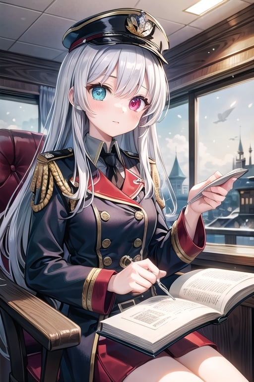 Fantasy magic world, 1 military captain girl, long silver hair, bright heterochromia eyes, detailed red-white winter military clothes, filigree design clothes, interior magical airship, reading a novel, hot tea background, perfecteyes