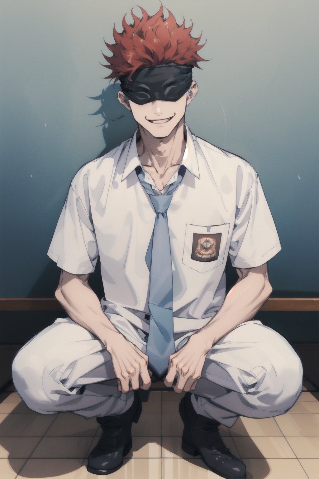 Gojo Satoru, masterpiece, best quality, highres, female, 1boy, blindfolded, wearing indonesian high school uniform, white shirt, blue necktie, evil smile, squat pose, perfect hand angle, white shirt, red hair,