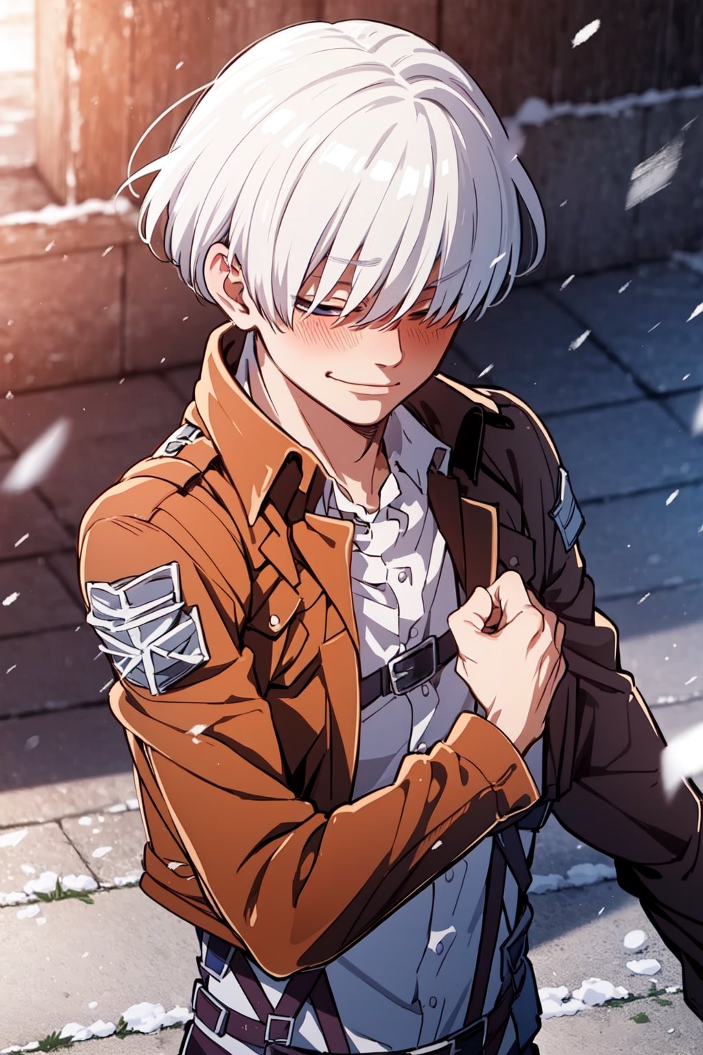 gojo satoru, masterpiece, best quality, (1boy), hair over eyes, white hair, Attack on Titan clothes, winter season, evil smile, blush, AOTSalute,